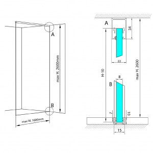 Sada pro uchycení skla | podlaha-stěna-strop | ARCHITEX LINE | max. šířka 1600 | leštěný hliník