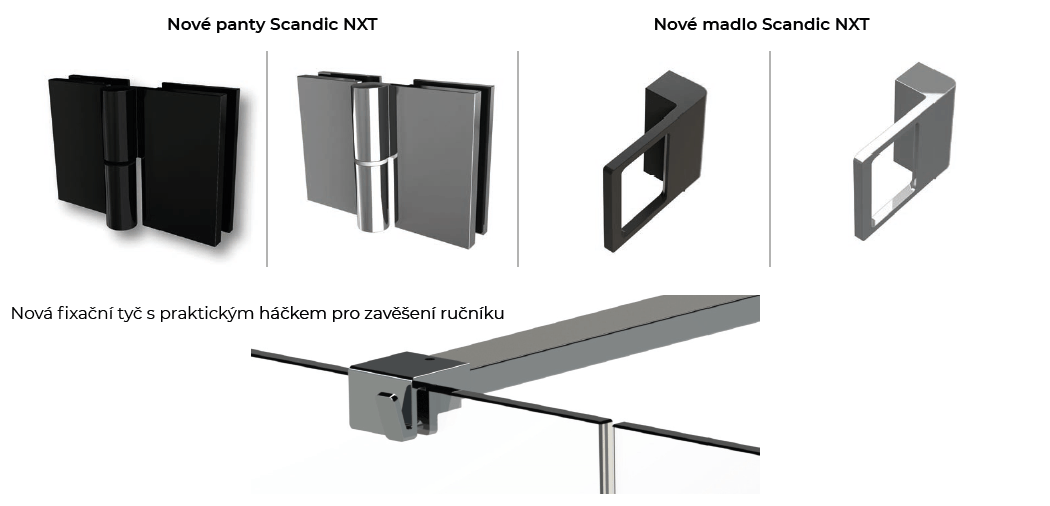 Shower screen SCANDIC NXT - hinges - handle - fixing rod 